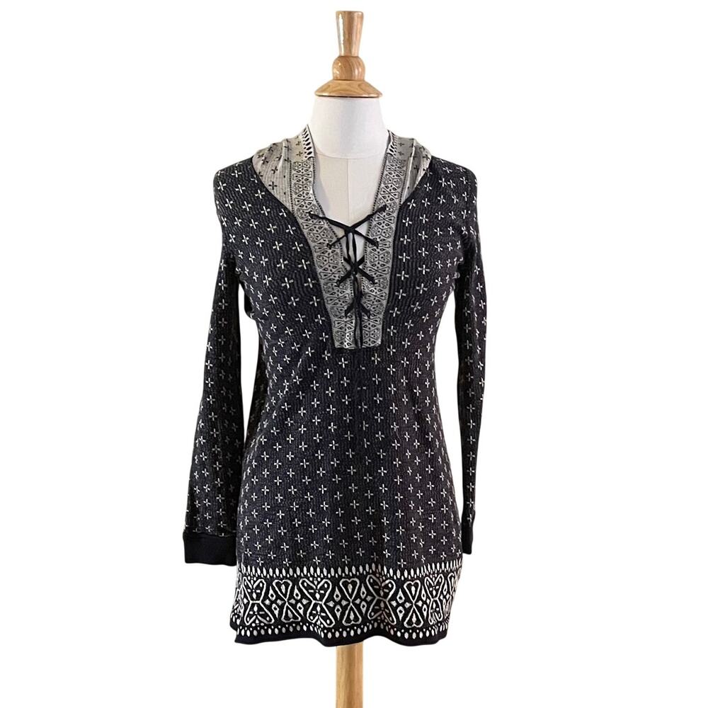 Free People Intimately Cotton Blend Navy Gray Long Hoodie Tie / Lace Up Neck, XS